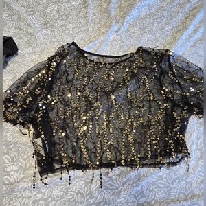 SHEIN Black Mesh Blouse with Gold Sequins